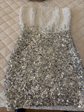 Retrofete Silver White Sequin Strapless Mini Dress